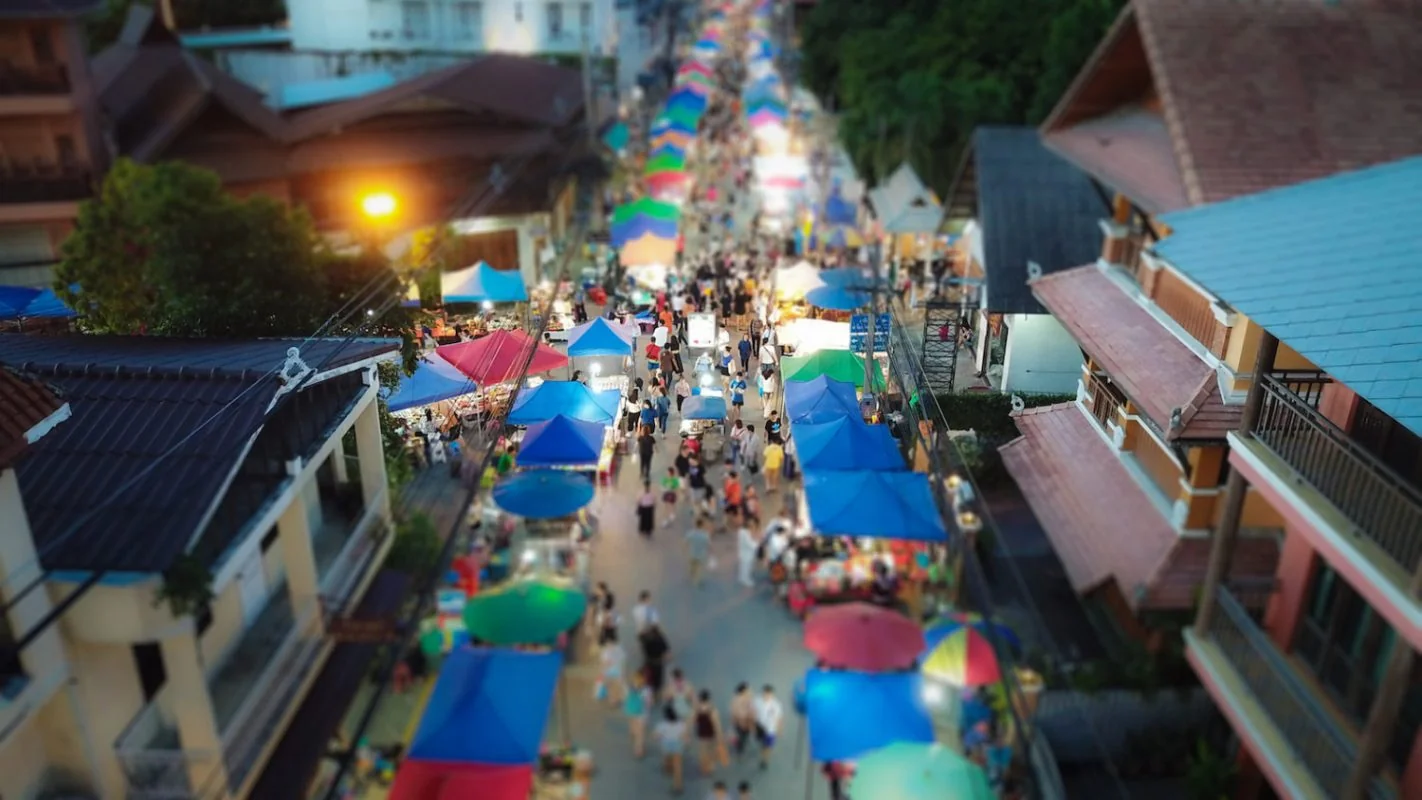 Lantern lit night market street in Chiang Mai